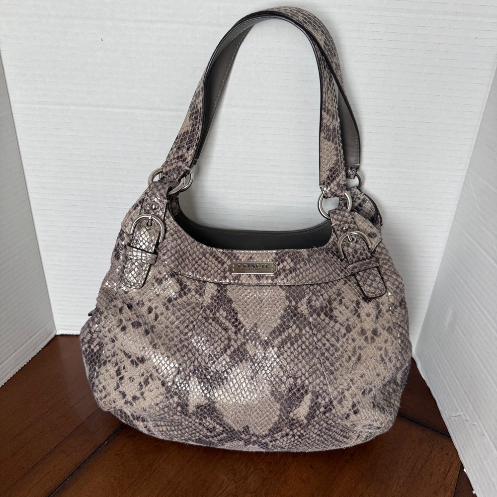 Coach F19678 Snakeskin Embossed Metallic Leather Shoulder Bag Grey Beige